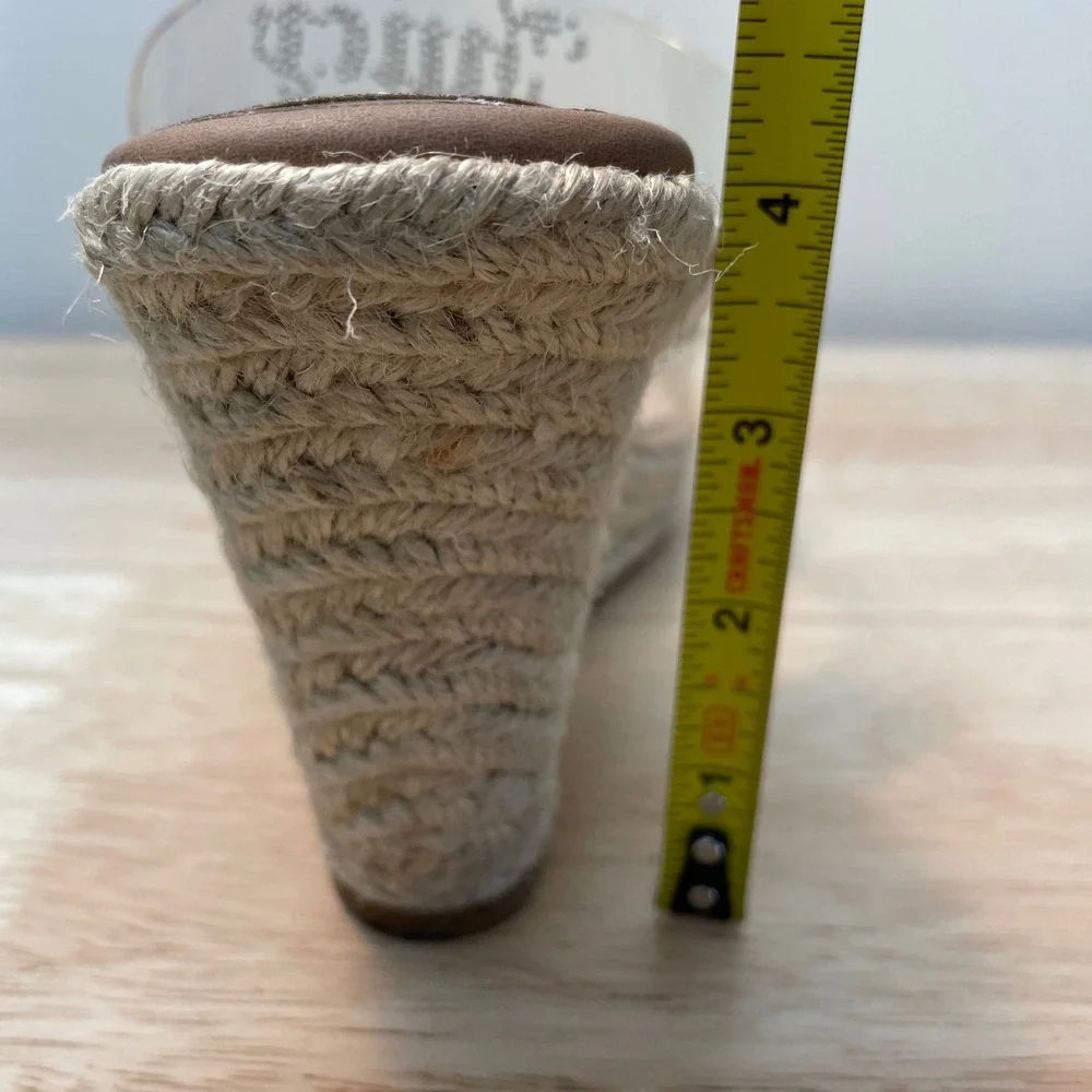 Juicy Couture‎ Cristene Clear Rhinestone Logo Espadrille Wedge Sandals Tan 9.5